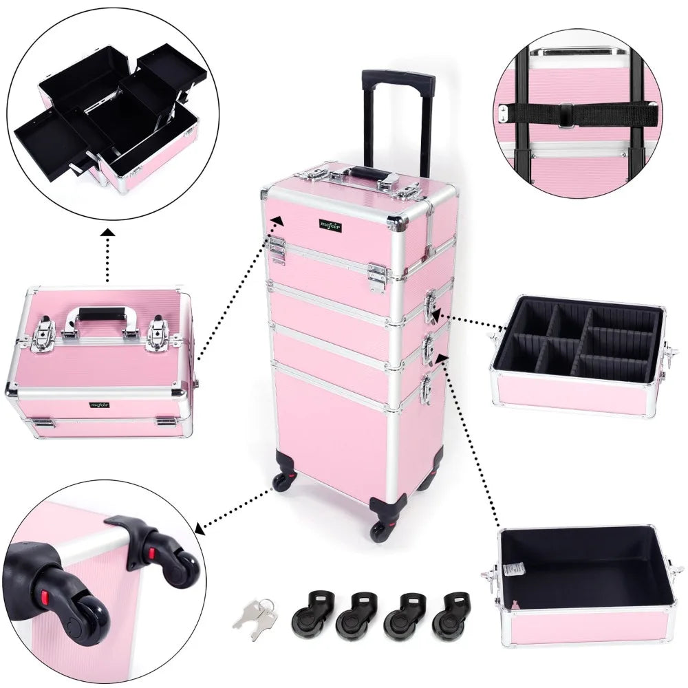 4in1 Rolling Aluminum Makeup Train Case With Wheels