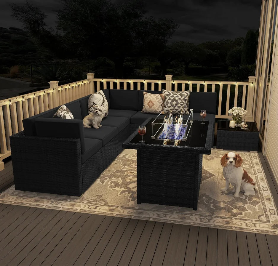 8 Piece Patio Set With 44 Inch Propane Fire Pit Table Wicker Sectional Sofa