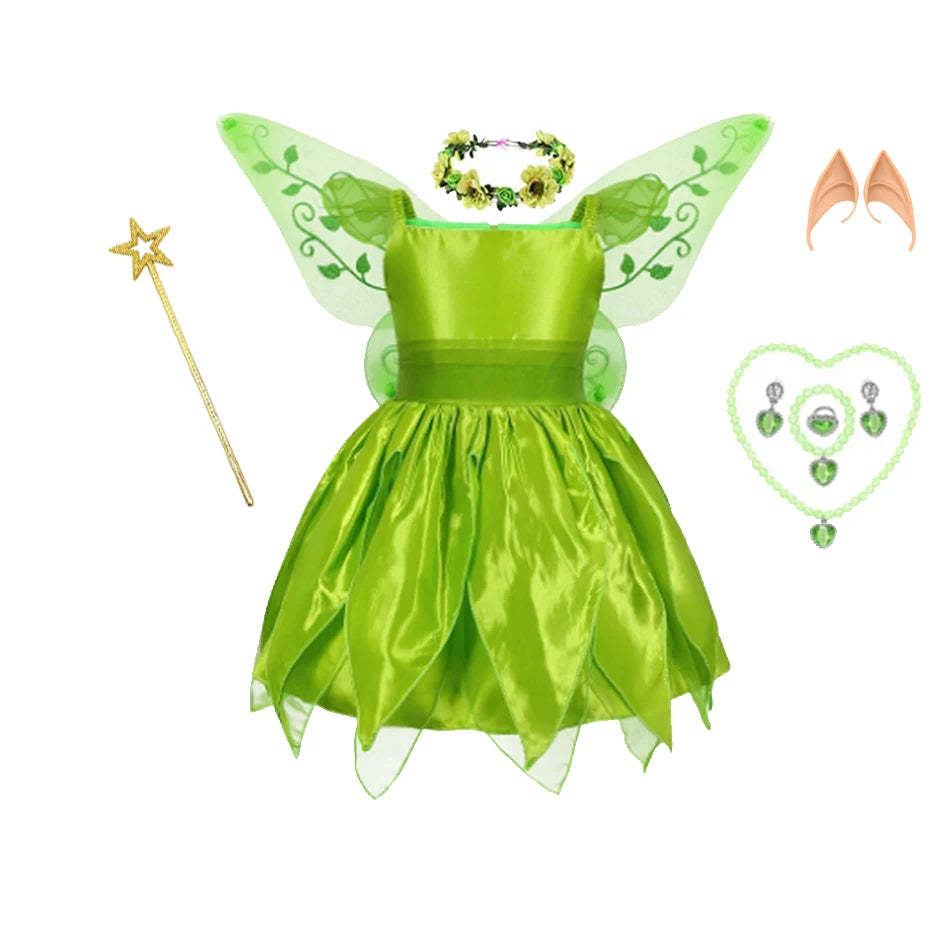 Disney Girls Tinker Bell Costume Halloween Costume for Kids Green Tinkerbell Fancy Dress Fairy Princess Cosplay Carnival Party