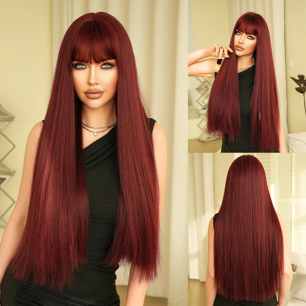 NAMM Synthetic Long Straight Blonde Wig Dark Roots Bangs 26 Inch 150 Density