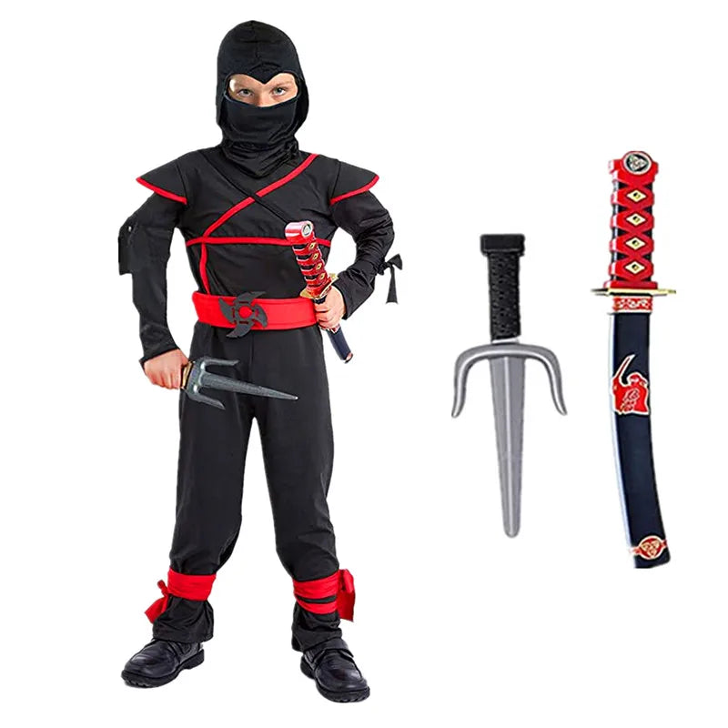 Boys Ninja Deluxe Costume for Kids with Weapon Accessories Kids Kung Fu Outfit Halloween Ideas Gifts with Bayonet Toys