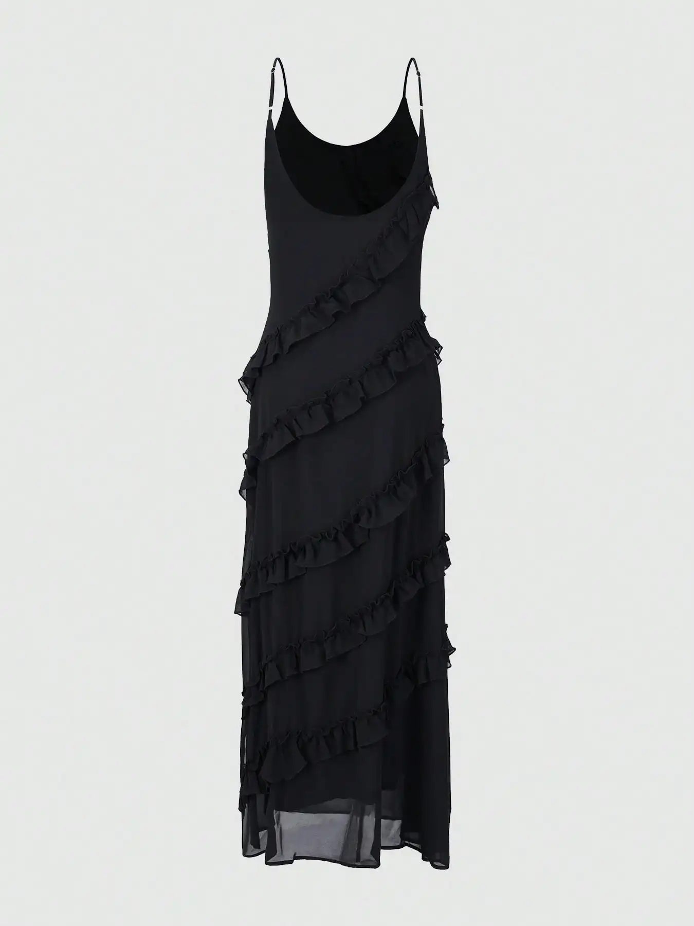 2025 Black Chiffon Open Back V Neck Ruffled Maxi Dress