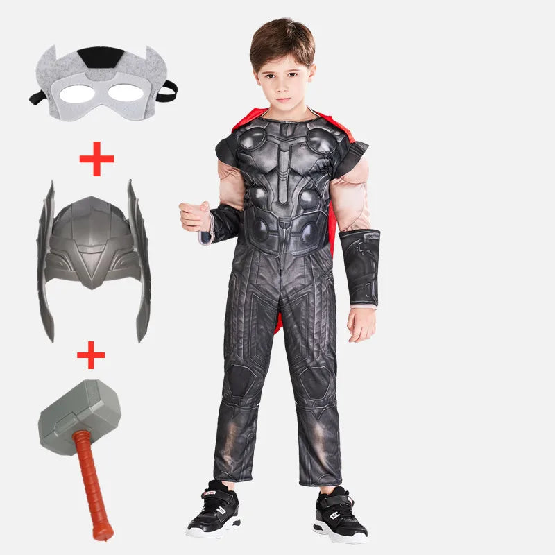 Thor Muscle Costume Kids Toy Light Up Axe Halloween Cosplay Costume Movie Character Superhero Fantasy Carnival Jumpsuit