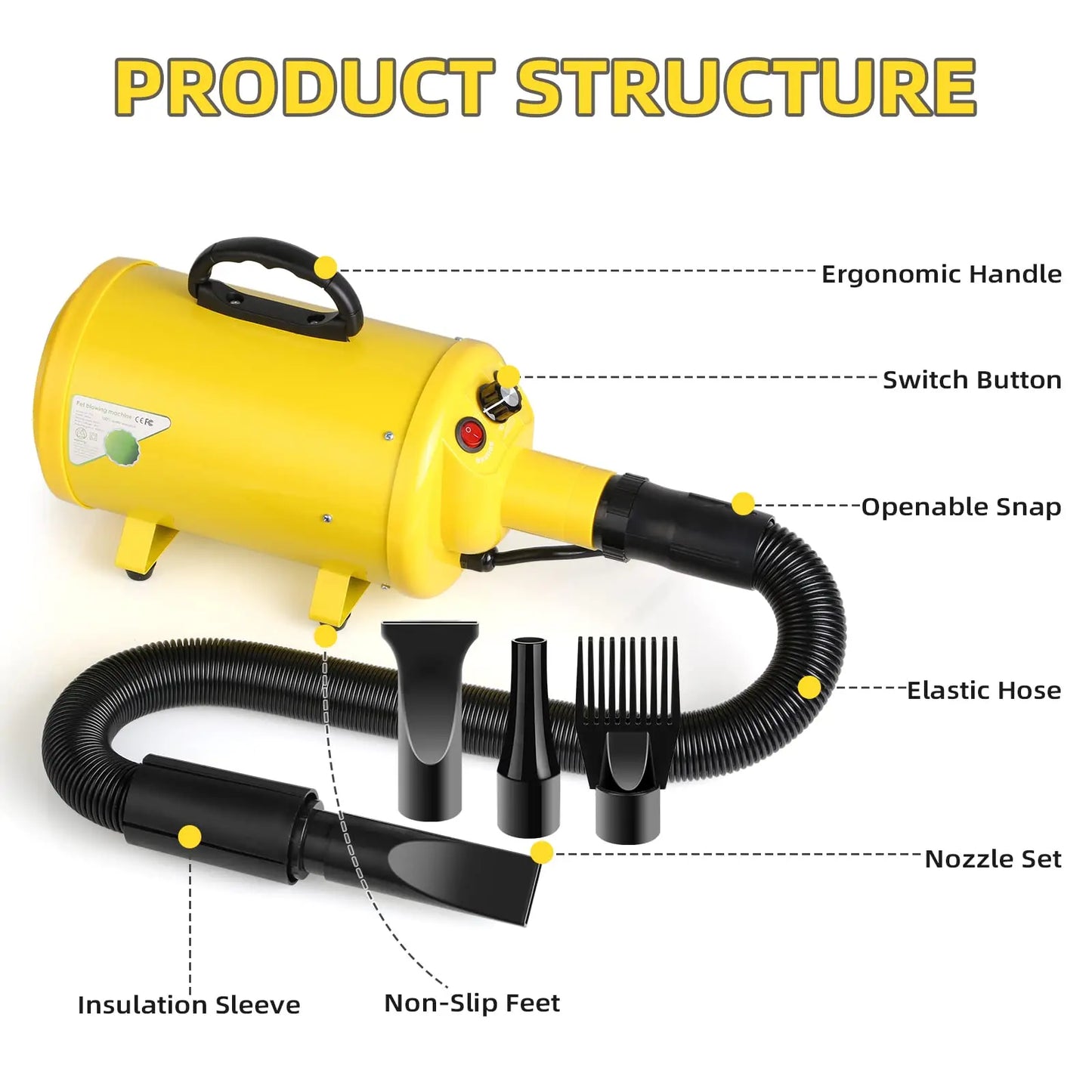 Dog Hair Dryer 3.8HP 2800W Pet Grooming Blower Heat