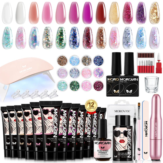 Morovan Poly Nail Gel Kit - 12 Colors Poly Gel Nail Kit with UV Light and Nail Drill for Beginners Poly Gel Extension Nail Kit