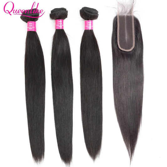 Queenlike Straight Human Hair Bundles With 2x6 Deep Middle Part HD Lace Closure Natural Color Brazilian 12A Raw Hair