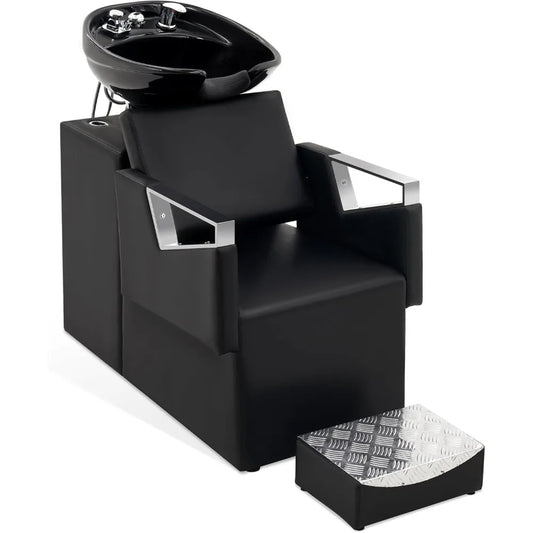 Shampoo Barber Classic Chair, Adjustable Ceramic Shampoo Bowl Sink Chair Station for Spa Beauty Salon 9080 (Black)