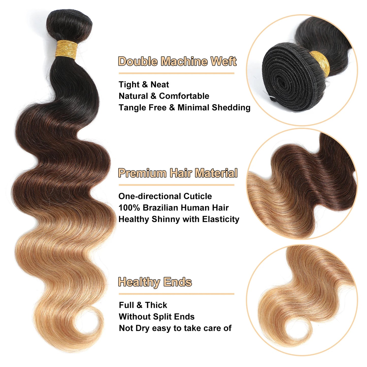Ombre Color Body Wave Human Hair Bundles With Closure 100 Percent Unprocessed Virgin Remy Hair 1B 4 27