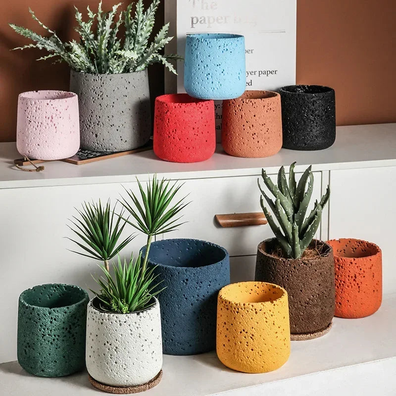 Nordic Cement Flower Pot With Tray Creative Mountain Stone Design