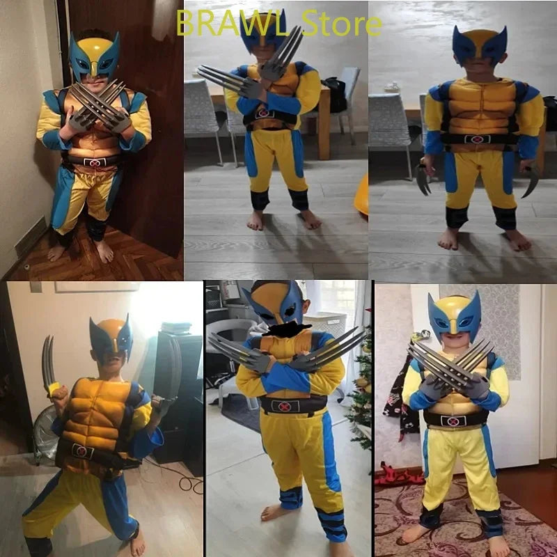 Wolverine Cosplay Costume Kids Wolf Black Superhero Panther Claws Mask Jumpsuit Halloween Bodysuit Muscle Suit for Child Gift