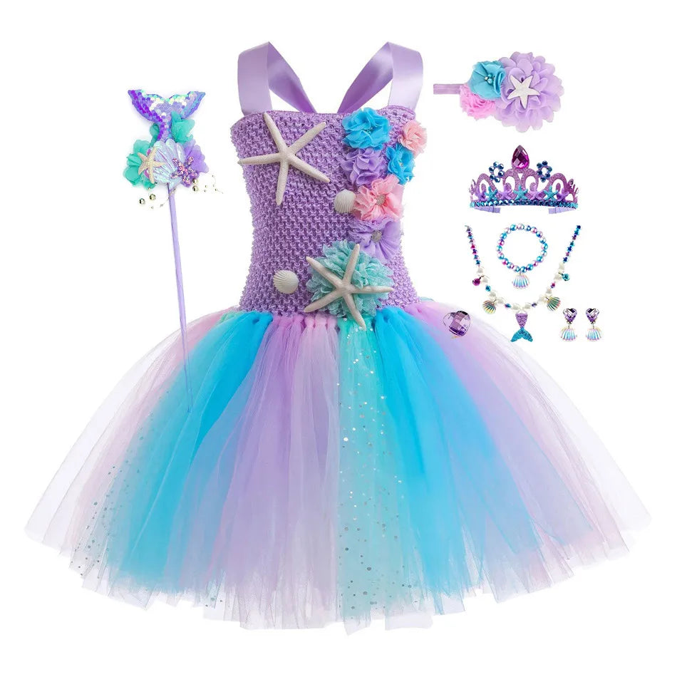 1-12Y Cute Mermaid Tutu Dress with Coral Starfish Appliques Off Shoulder Fancy Princess Frock Toddler Birthday Party Puffy Gown