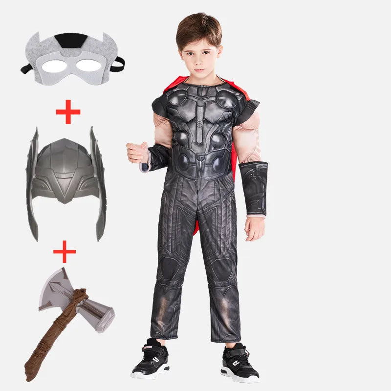 Thor Muscle Costume Kids Toy Light Up Axe Halloween Cosplay Costume Movie Character Superhero Fantasy Carnival Jumpsuit