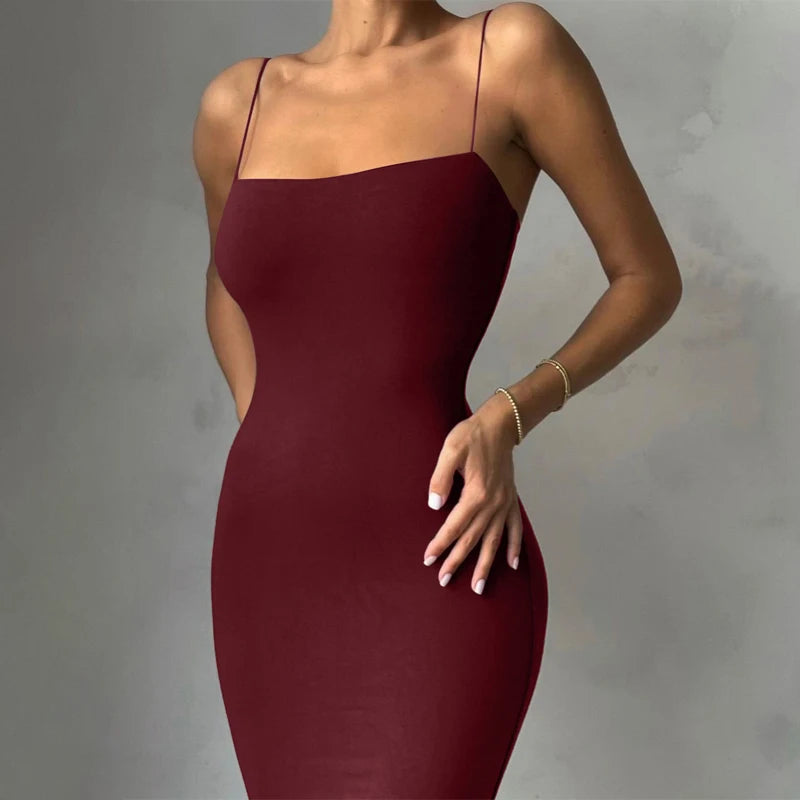 Womens Sexy Solid Color Bodycon Dress Spaghetti Strap