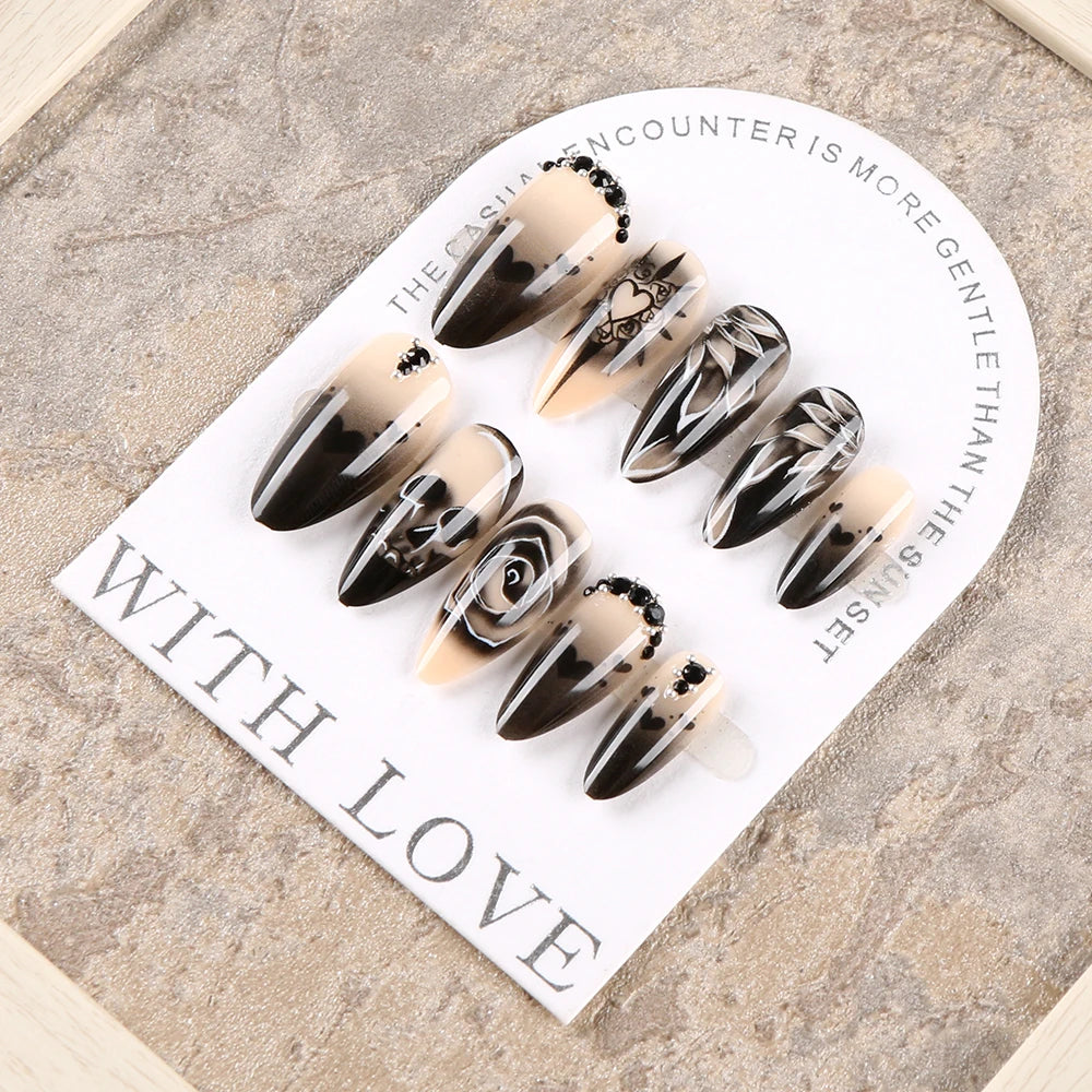24Pcs Black Glossy Halloween Almond Fake Nails Gradient French Cool Press On Nails Rose/Heart/Skull Acrylic Wearable False Nails