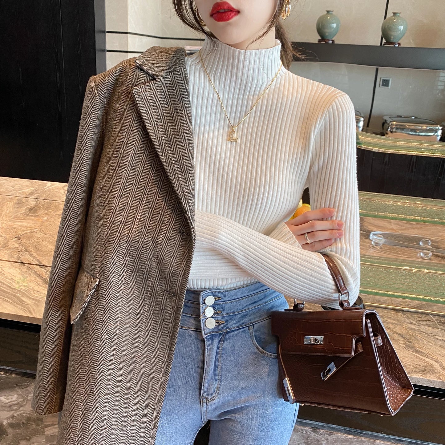 Winter Mock Neck Long Sleeve Knit Sweater For Women Slim Fit