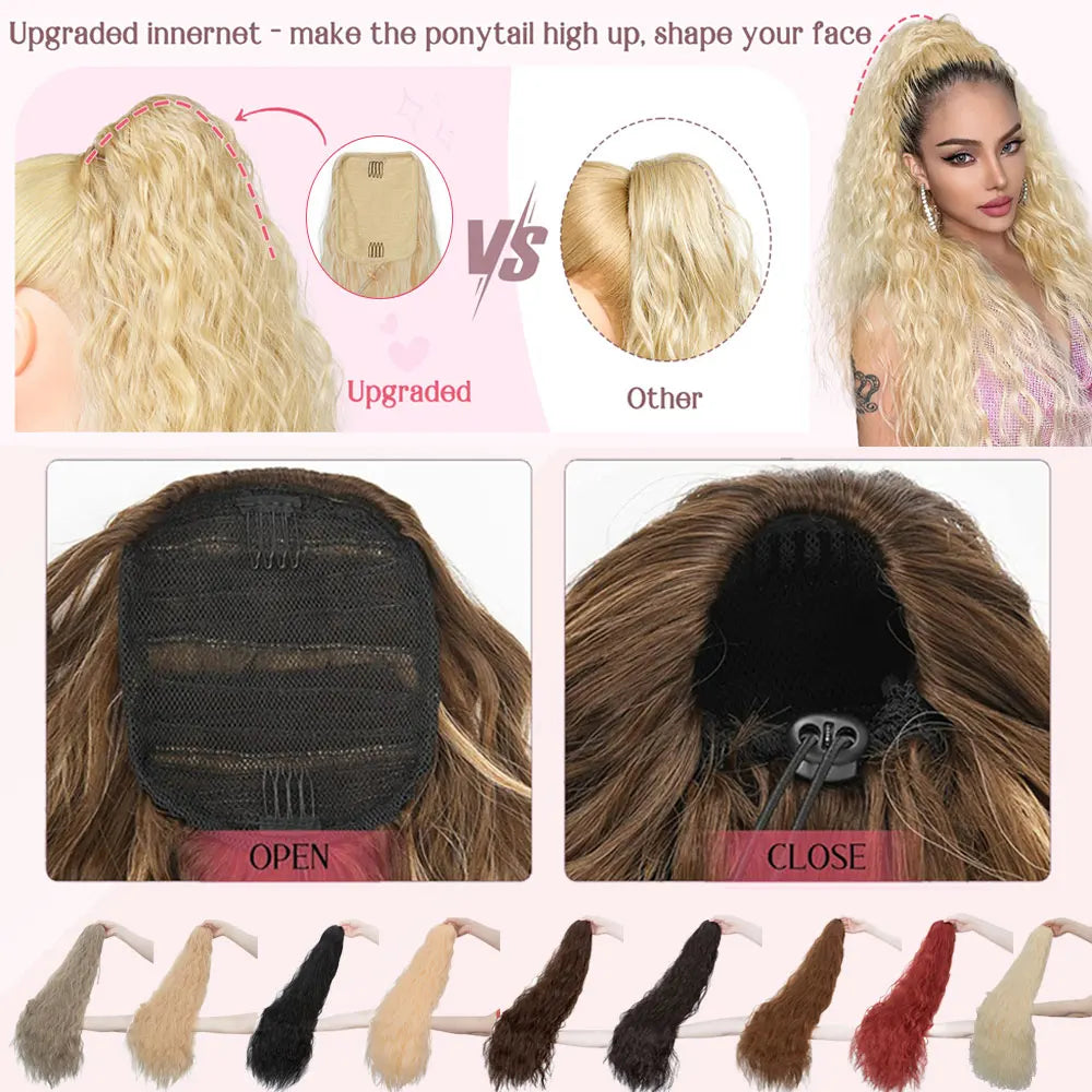 32" Long Curly Drawstring Ponytail Synthetic Hairpiece for Women Blonde Black Ponytail Clip in Hair Extensions for Daily Cosplay