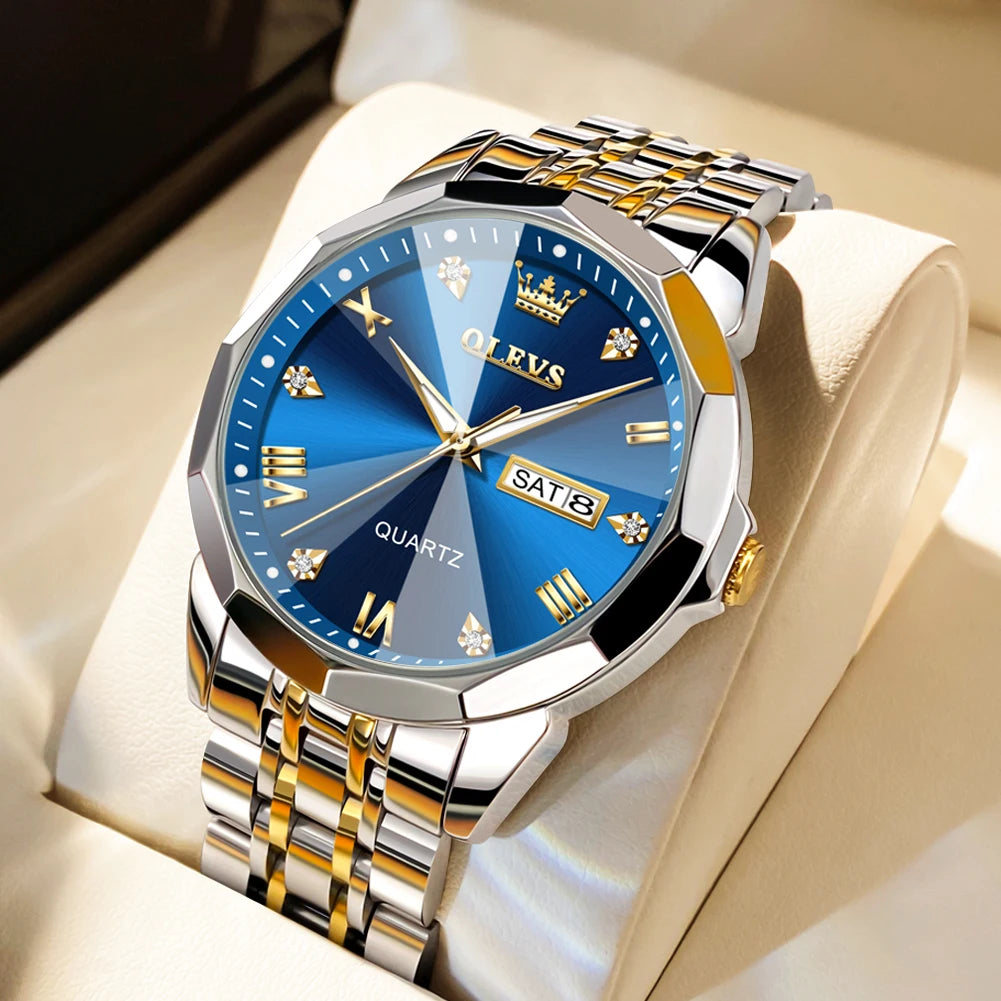 OLEVS Mens Quartz Watch Waterproof Stainless Steel Luminous Dial Date Week Dress