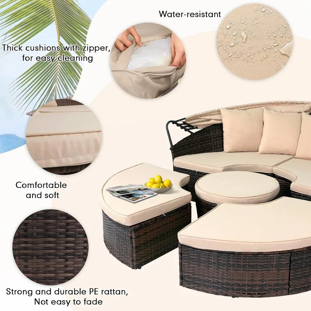 DAFIFY Outdoor Daybed Set With Retractable Canopy Wicker Rattan 5 Pieces