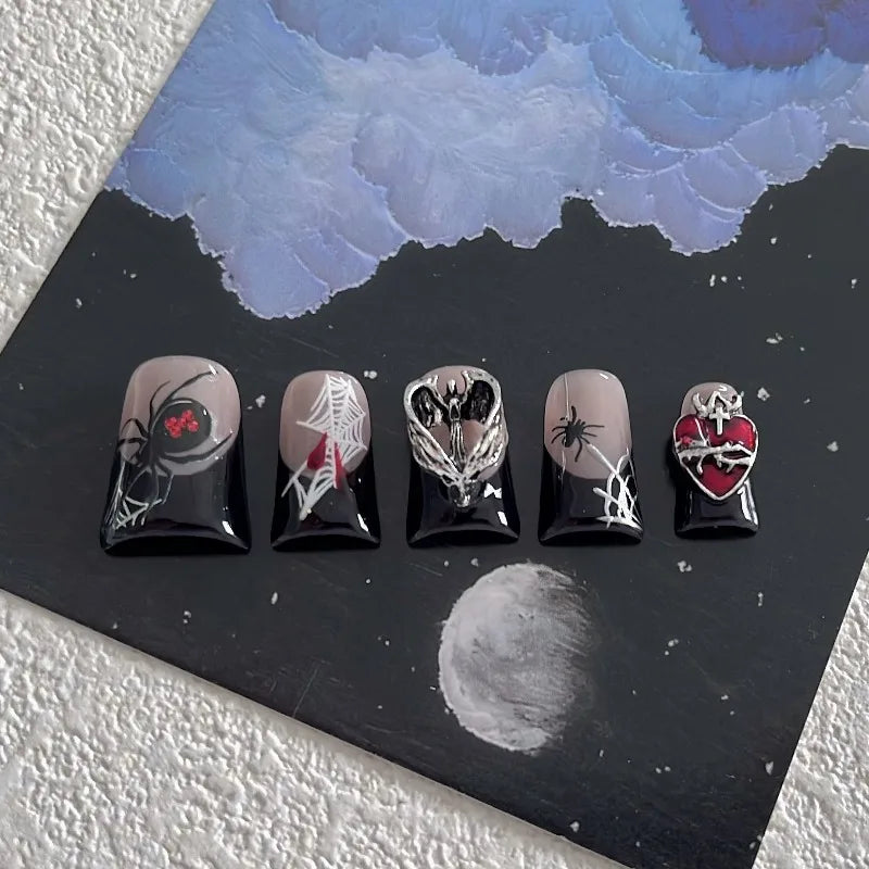 10pcs Sliver Spider Design Fake Nail Halloween Gothic Punk False Nail Tips Wearable Black Metal Duck Shaped FrenchPress on Nails