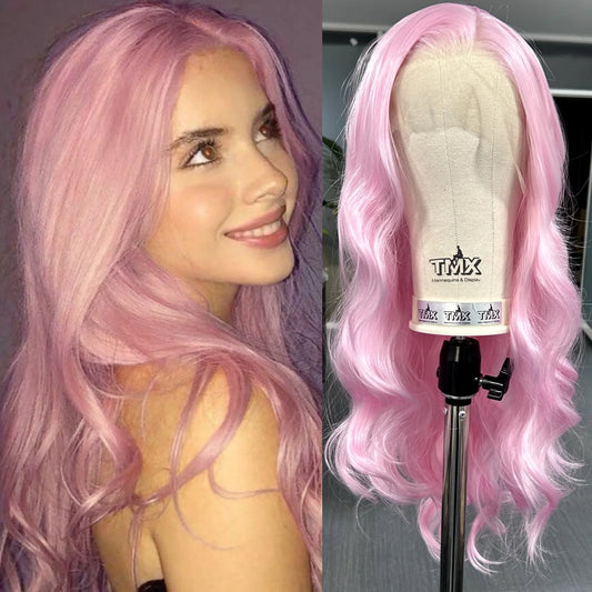 Long Pink Wavy Wig For Women Synthetic Hair Free Part Body Wave Daily Cosplay