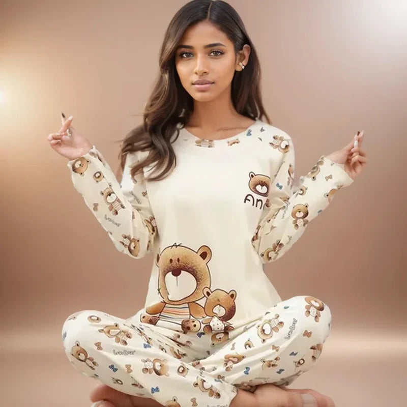Ladies Cartoon Bear Pajama Set Long Sleeve Two Piece Soft Easy Care Sleepwear