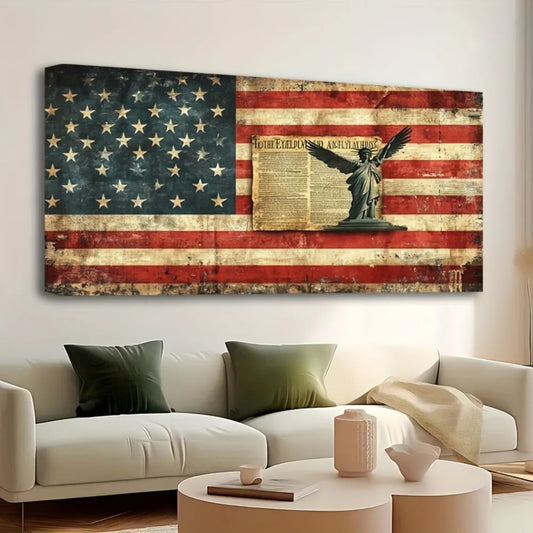 1.5 inch thick pine solid wood frame, American mural, vintage American flag canvas printed mural, interior trim