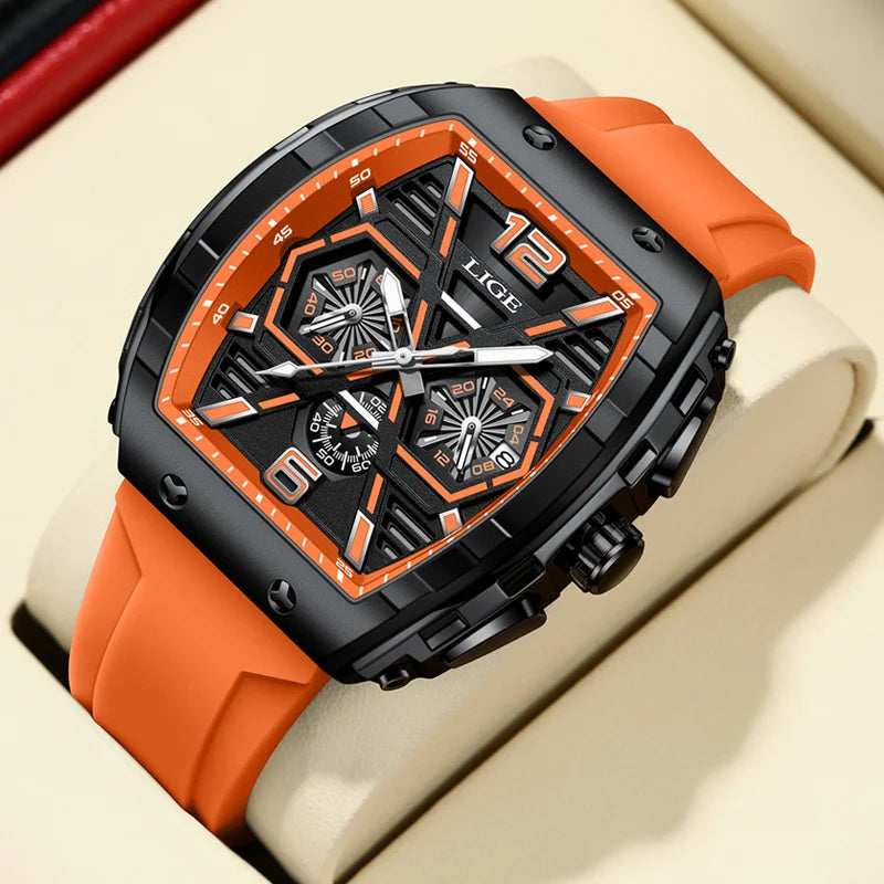 LIGE Men Waterproof Quartz Watch Silicone Band Luminous Dial 50mm Case