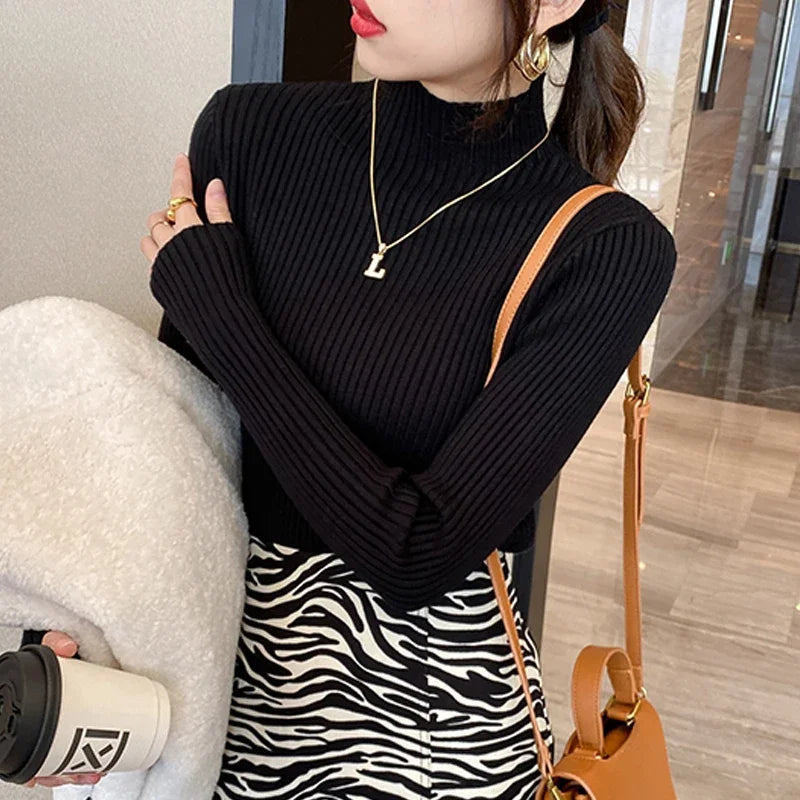 Winter Mock Neck Long Sleeve Knit Sweater For Women Slim Fit