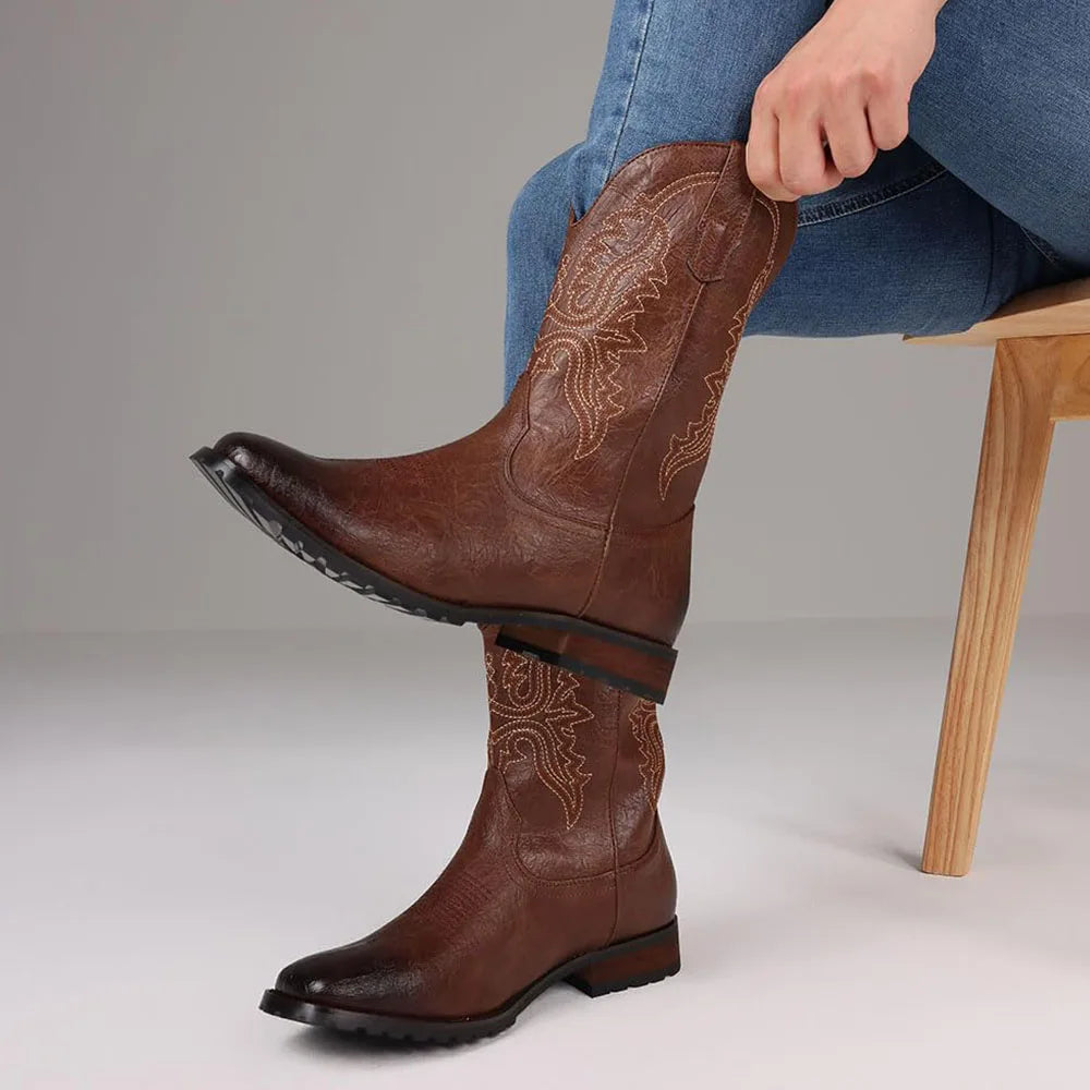 DoraTasia Plus Size 12.5 Retro Square Toe Western Boots Embroidered Pull On