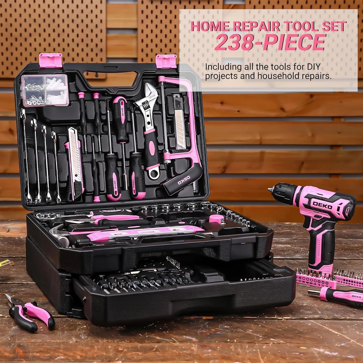 DEKO 12V Cordless Drill Home Mechanic Toolbox Set With Drawer Case