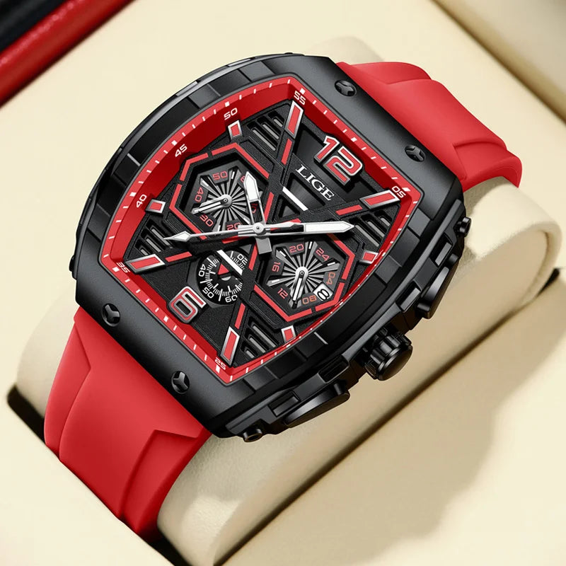 LIGE Men Waterproof Quartz Watch Silicone Band Luminous Dial 50mm Case