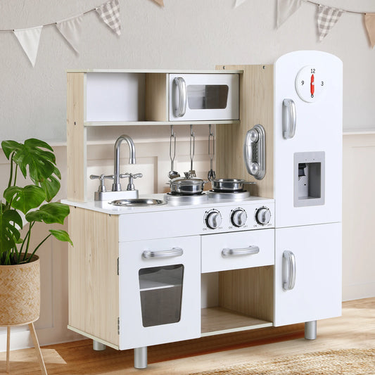 Kids Kitchen Playset, Preschool Cooking Kitchen, Toddler Wooden Pretend Play Toy w/Fridge, Stove, Cookware Utensil