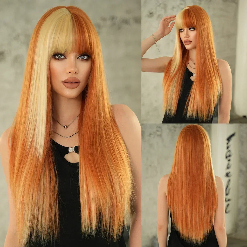 NAMM Synthetic Long Straight Blonde Wig Dark Roots Bangs 26 Inch 150 Density