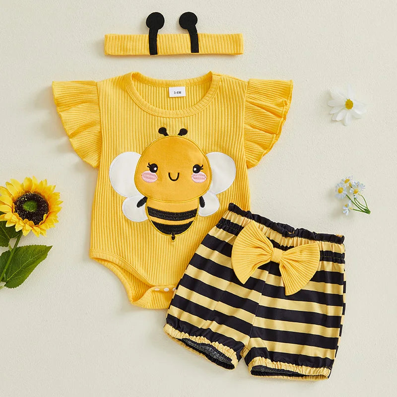 Toddler Girl Floral Print Sleeveless Romper Ruffle Shorts Headband 3Pcs Outfit Set