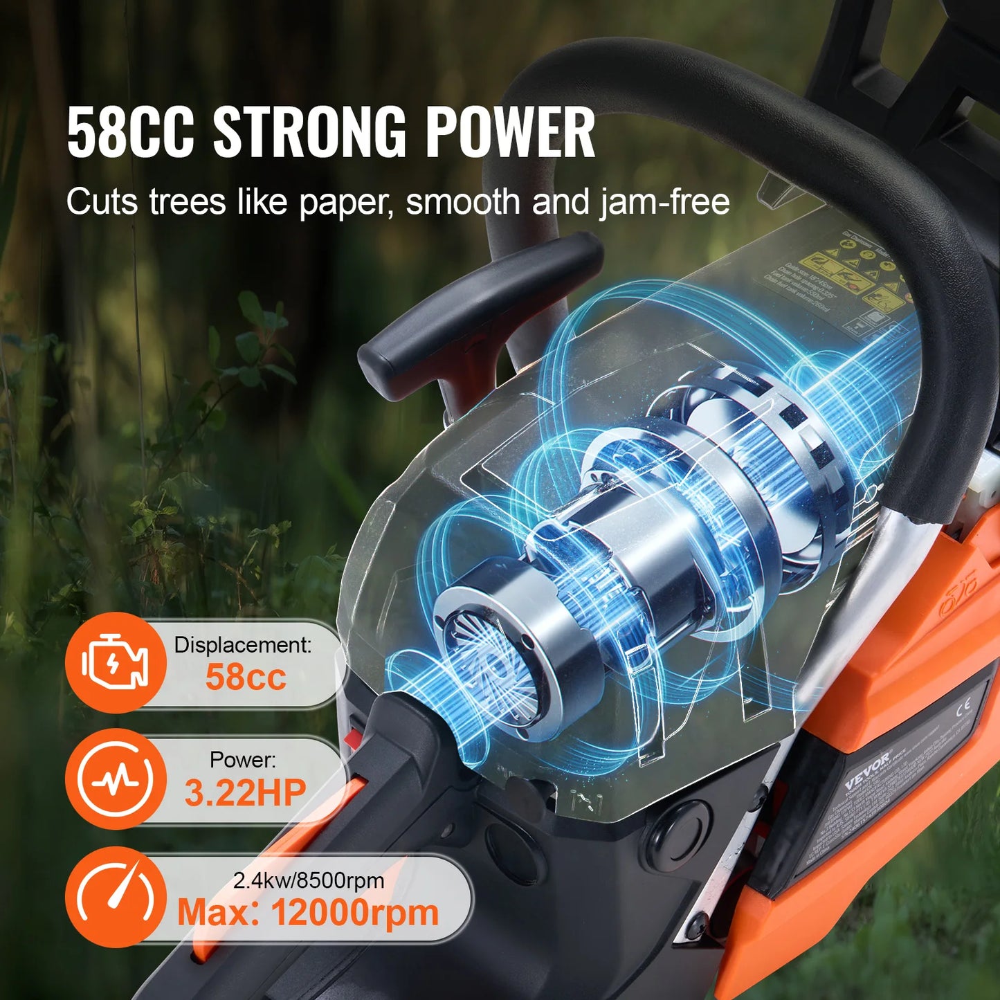 VEVOR Gas Chainsaw 58CC 20 Inch 3.22HP Handheld Cordless Petrol Chainsaw for Tree Wood Branch Farm Garden Ranch and Forest Cutting