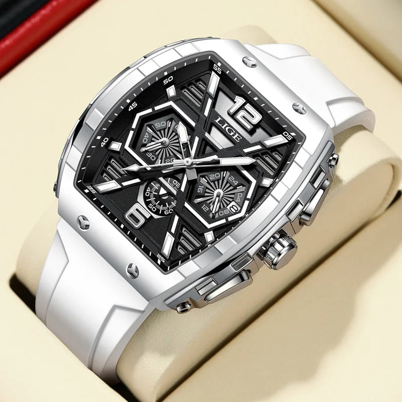 LIGE Men Waterproof Quartz Watch Silicone Band Luminous Dial 50mm Case