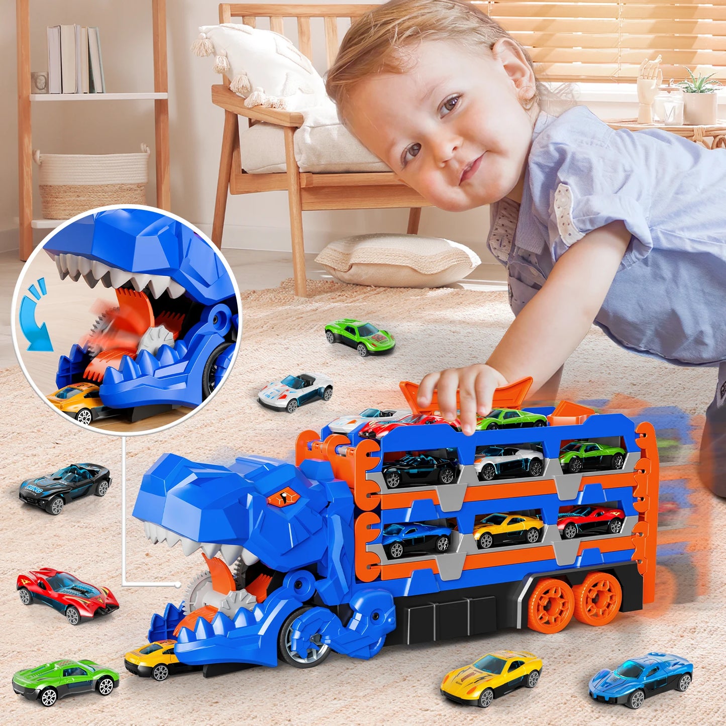 59IN Foldable Dinosaur Transport Truck with 12 Cars Gift