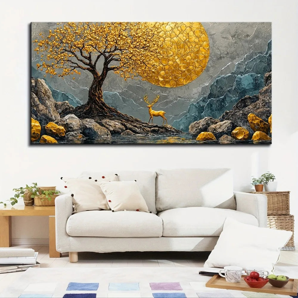 1.5 inch thick pine solid wood frame, living room and bedroom abstract yellow tree stone painting, deer natural print home decor