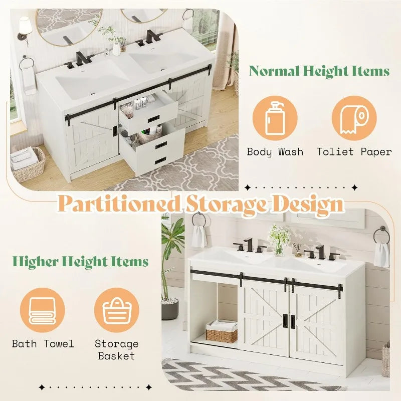 61 Inch Farmhouse Double Bathroom Vanity With Sink Dual Basin Sliding Barn Doors