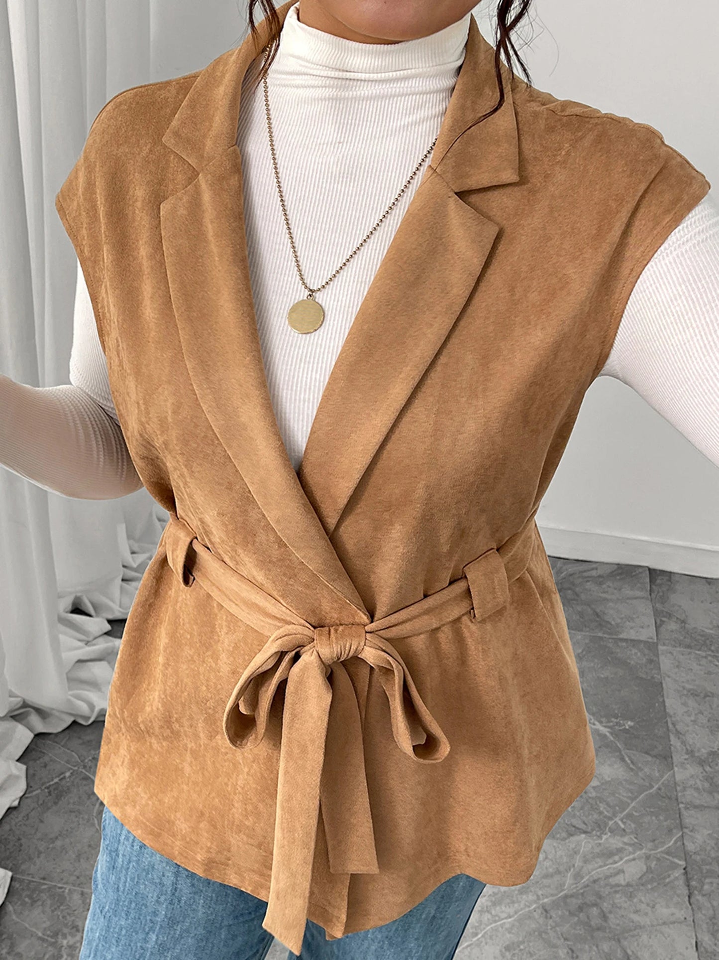 Women Plus Size Sleeveless Vest Belted Lapel Outerwear