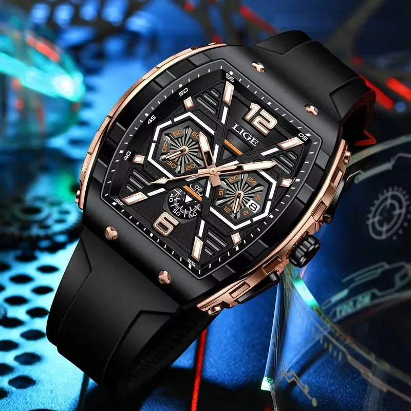 LIGE Men Waterproof Quartz Watch Silicone Band Luminous Dial 50mm Case