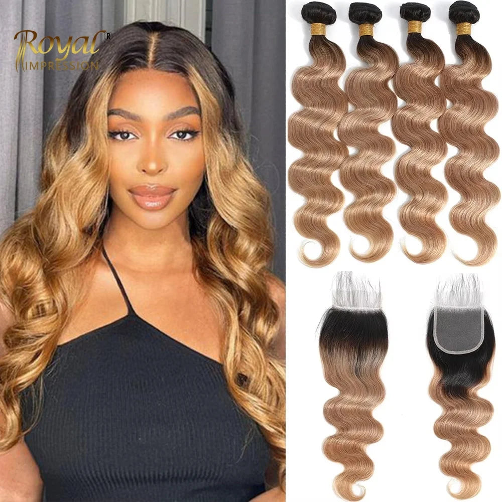 Ombre Color Body Wave Human Hair Bundles With Closure 100 Percent Unprocessed Virgin Remy Hair 1B 4 27