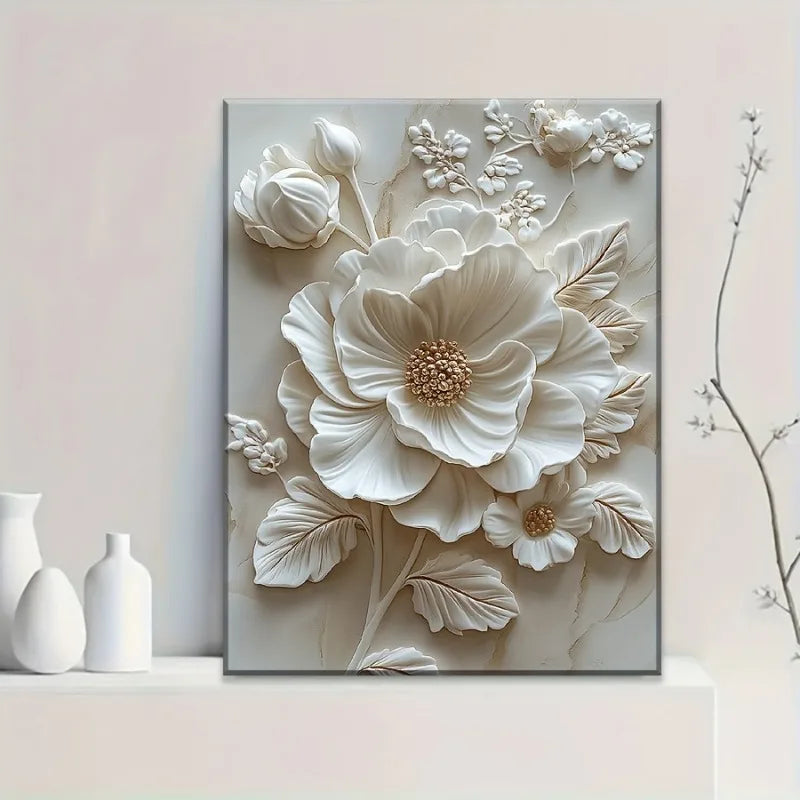 White Flower Pattern Wood Frame Canvas Murals Can Be Hung Directly Wall Mounted Decoration Suitable for HomeLiving Room