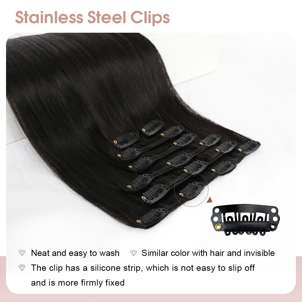 1B Natural Black Premium Real Human Hair Clip-in Extensions