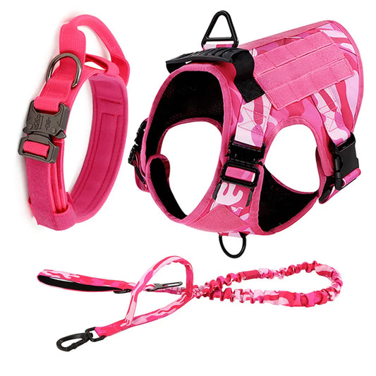 Military Dog Harness Set for Large Medium Dogs Adjustable Pink Tactical Training Vest with Collar and Leash