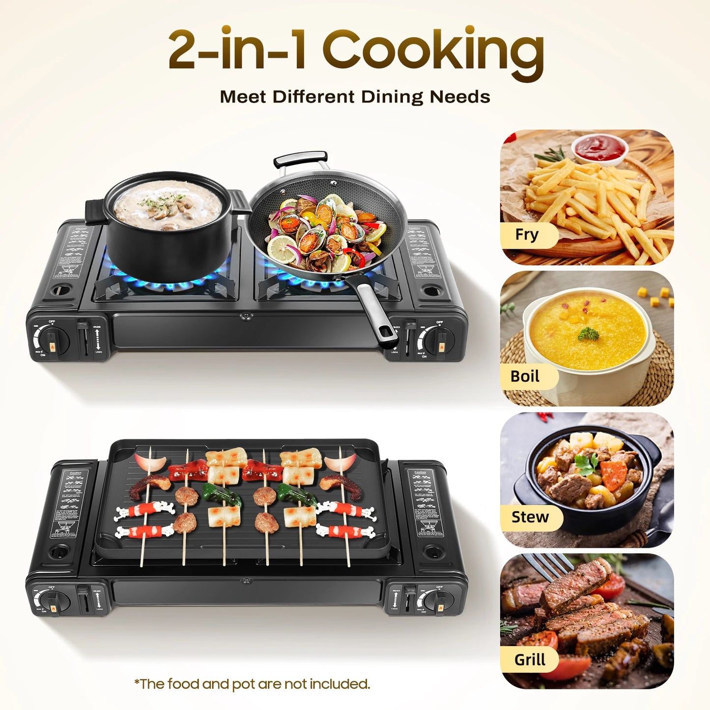 2in1 2 Burner Portable Camping Stove Butane Camping Stove Kit with Baking Pan and Carrying Case Auto Ignition Camping Burner LPG