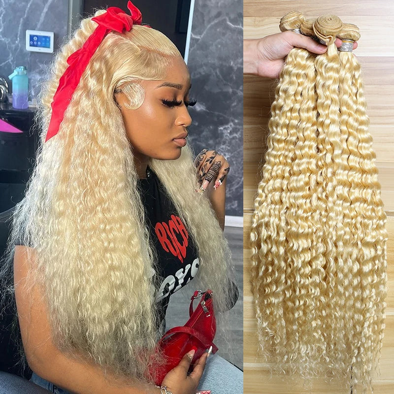 613 Honey Blonde Brazilian Remy Human Hair Weave Bundles Deep Wave Double Weft 8 To 30 Inch