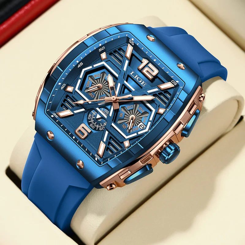 LIGE Men Waterproof Quartz Watch Silicone Band Luminous Dial 50mm Case