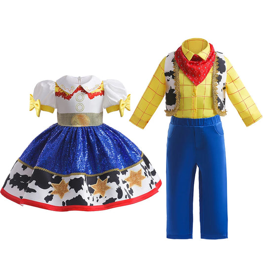Toy Jessie Woody Costumes for Girls Boys Birthday Halloween Cowboy matching Sets Fancy Dress Kids Outfit performance Clothes Set