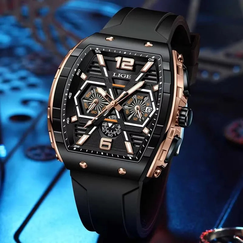 LIGE Men Waterproof Quartz Watch Silicone Band Luminous Dial 50mm Case